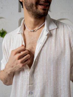 Relaxed Fit Super Flowy Re-engineered Cotton Lurex- Half Sleeves Party Shirt White - No Pocket
