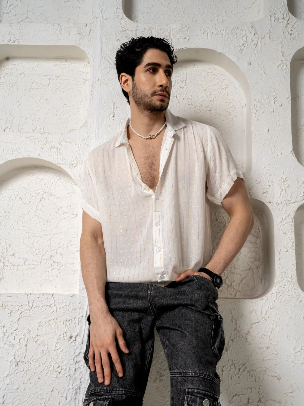 Relaxed Fit Super Flowy Re-engineered Cotton Lurex- Half Sleeves Party Shirt White - No Pocket