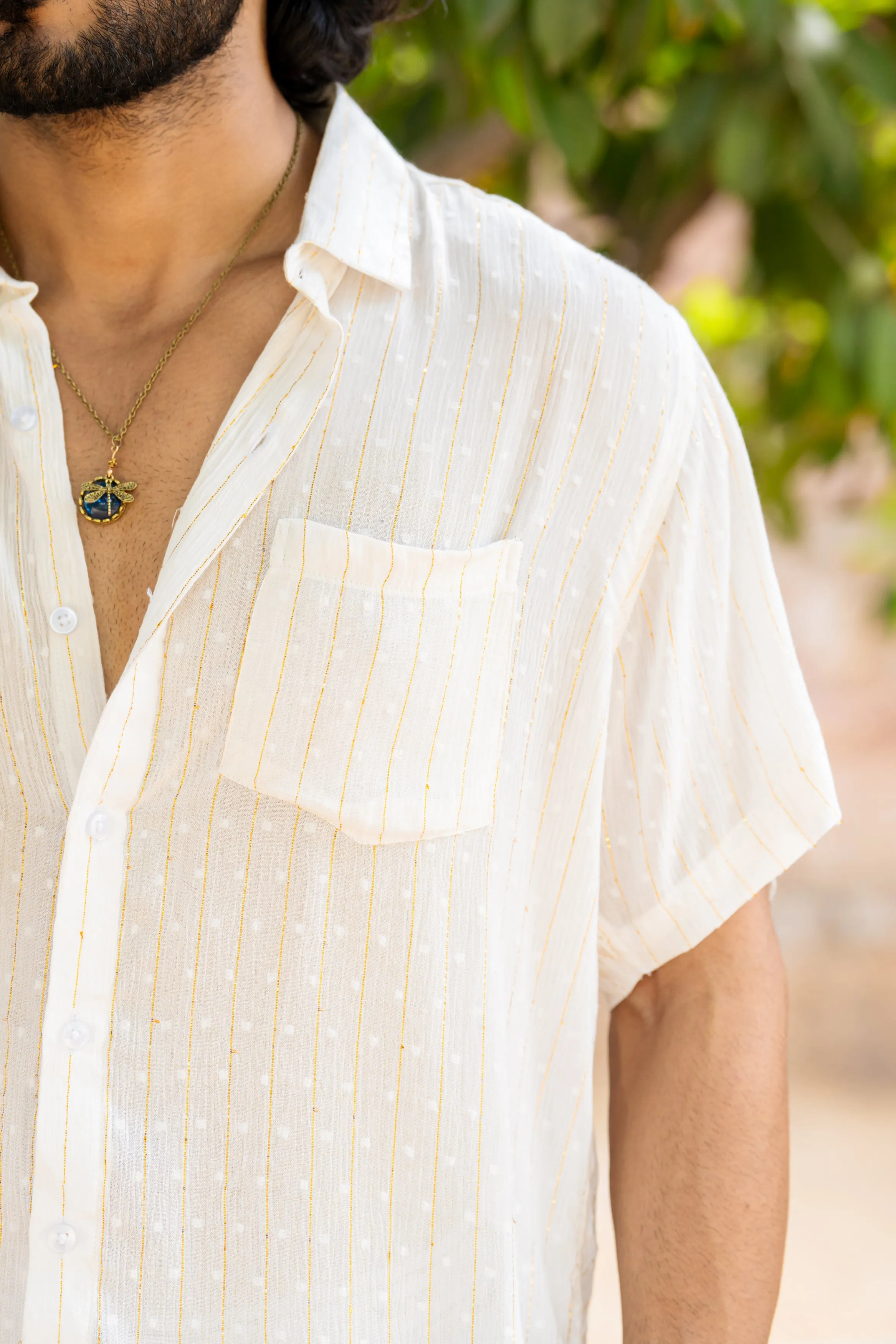 Relaxed Fit Super Flowy Re-engineered Cotton Lurex- Half Sleeves Party Shirt White - No Pocket