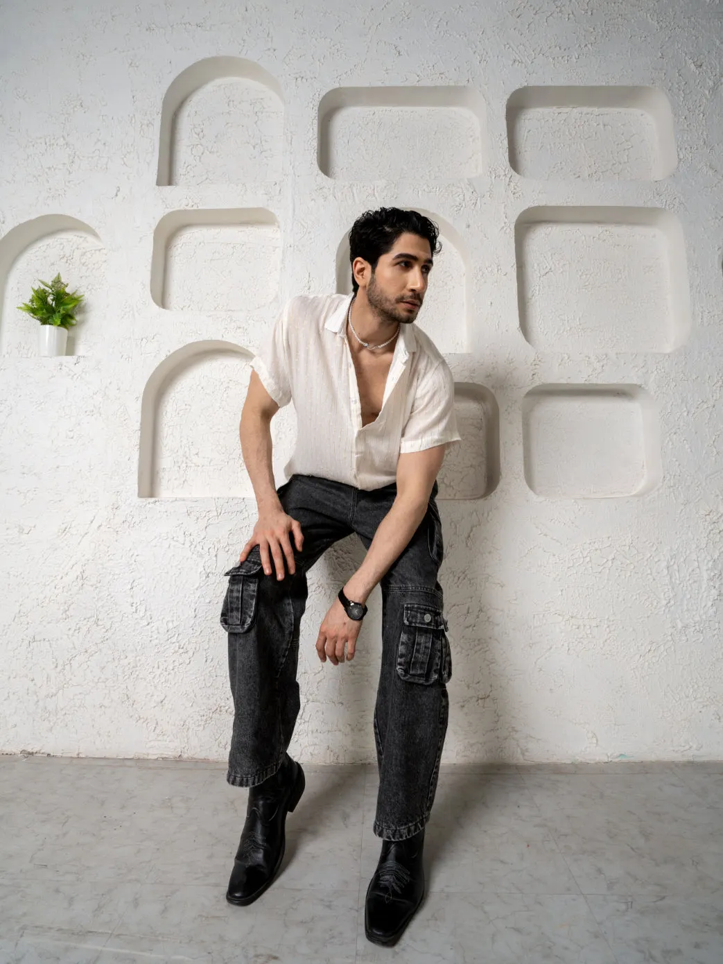 Relaxed Fit Super Flowy Re-engineered Cotton Lurex- Half Sleeves Party Shirt White - No Pocket