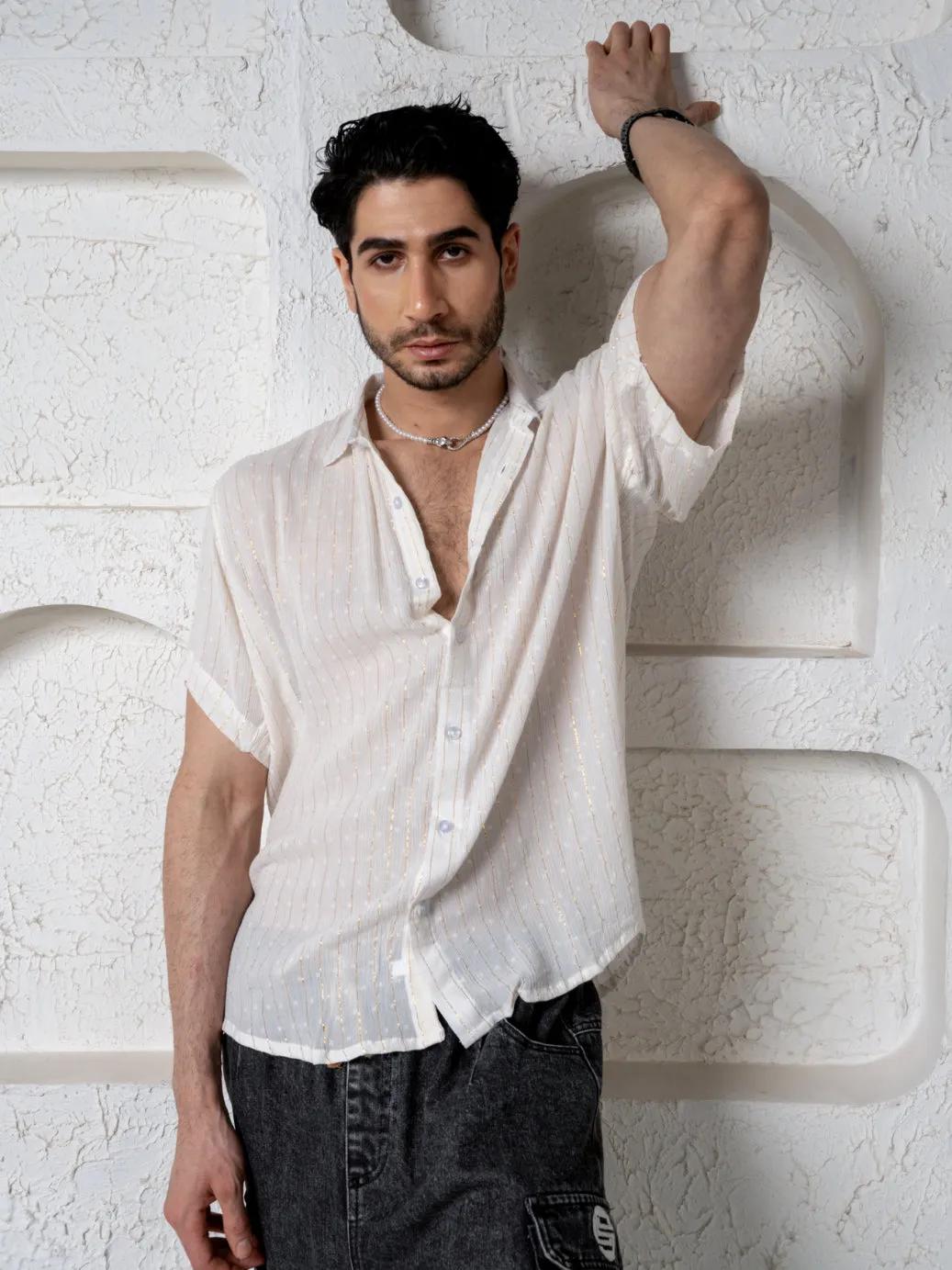 Relaxed Fit Super Flowy Re-engineered Cotton Lurex- Half Sleeves Party Shirt White - No Pocket