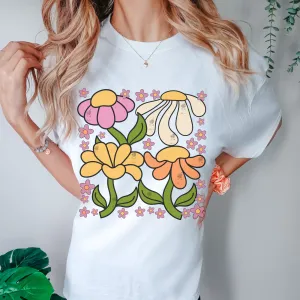 Retro Daisies Comfort Colors® T-shirt, Spring Vintage Wildflowers Design T-Shirt in Black, Pepper, White, Green, Yam, Ivory, or Mustard Trendy Tee
