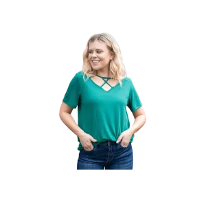 Southern Grace Women's Vinyard Day Caged Neckline Green T Shirt