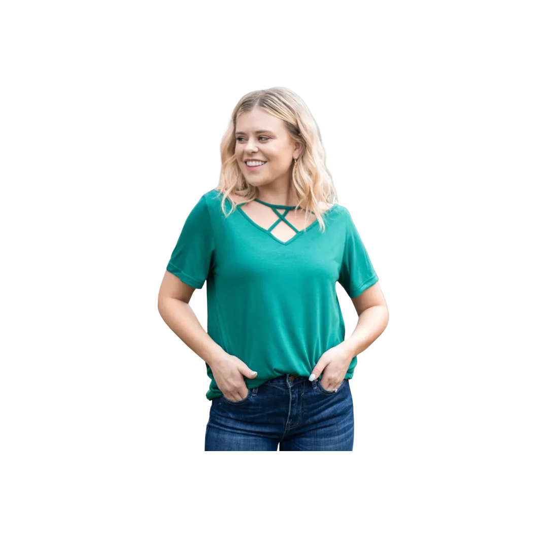 Southern Grace Women's Vinyard Day Caged Neckline Green T Shirt