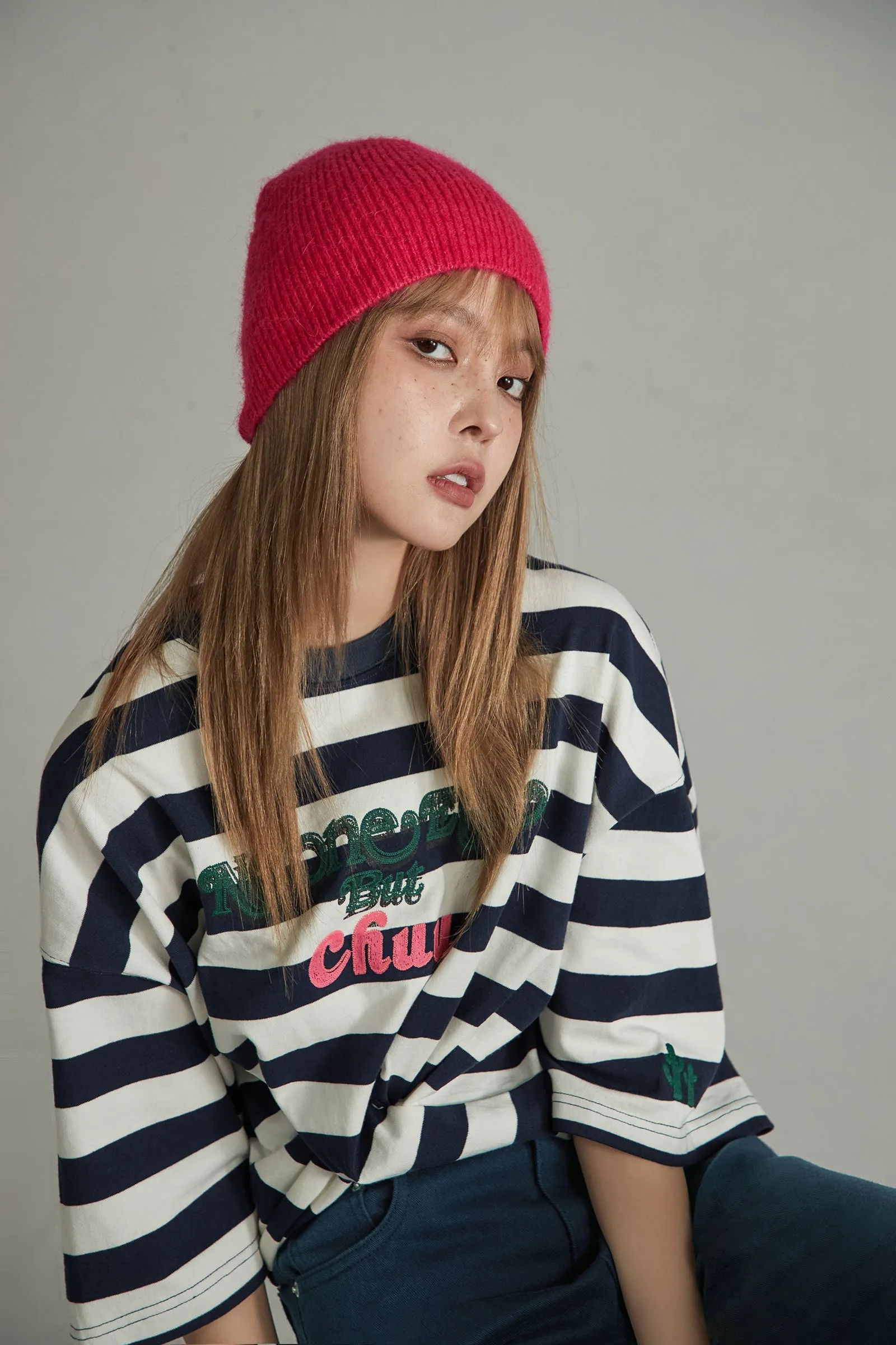 Striped Front Twist Oversize Crop T-Shirt