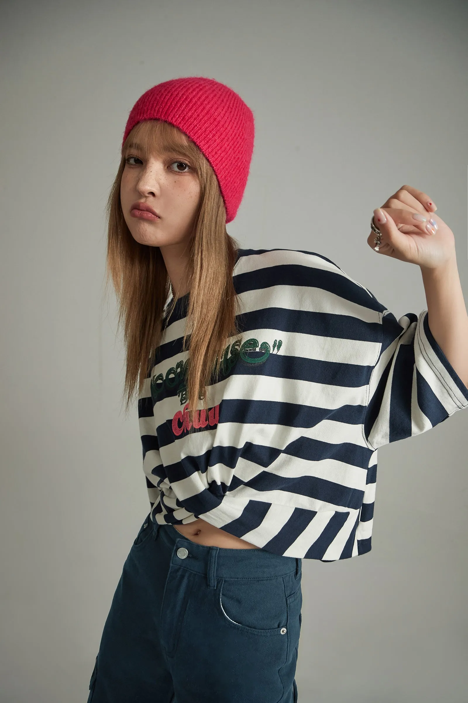 Striped Front Twist Oversize Crop T-Shirt