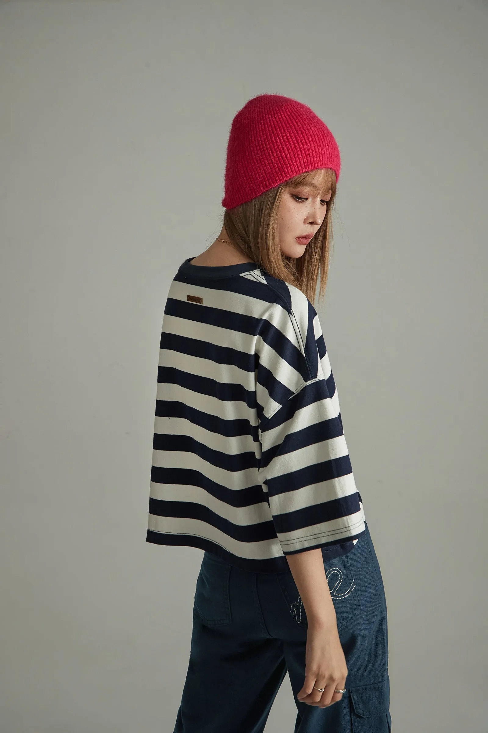 Striped Front Twist Oversize Crop T-Shirt