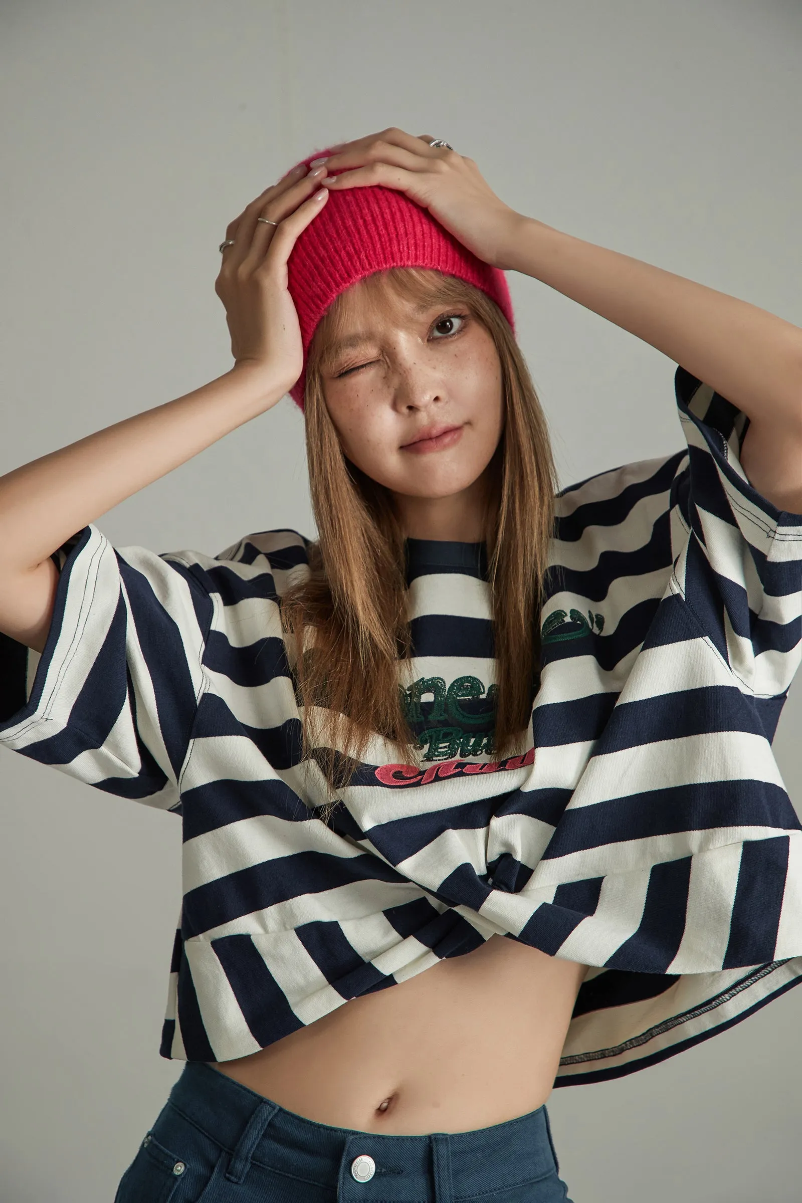 Striped Front Twist Oversize Crop T-Shirt