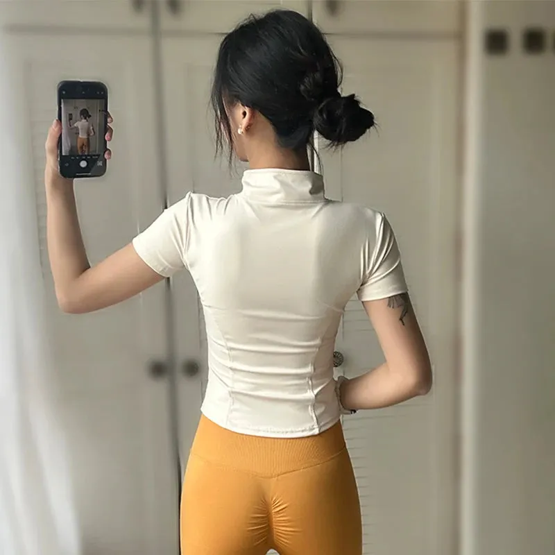 Summer High Quality Waist Slimming Training Tops Women's Quick-drying Tight Stand Collar Yoga Shirts
