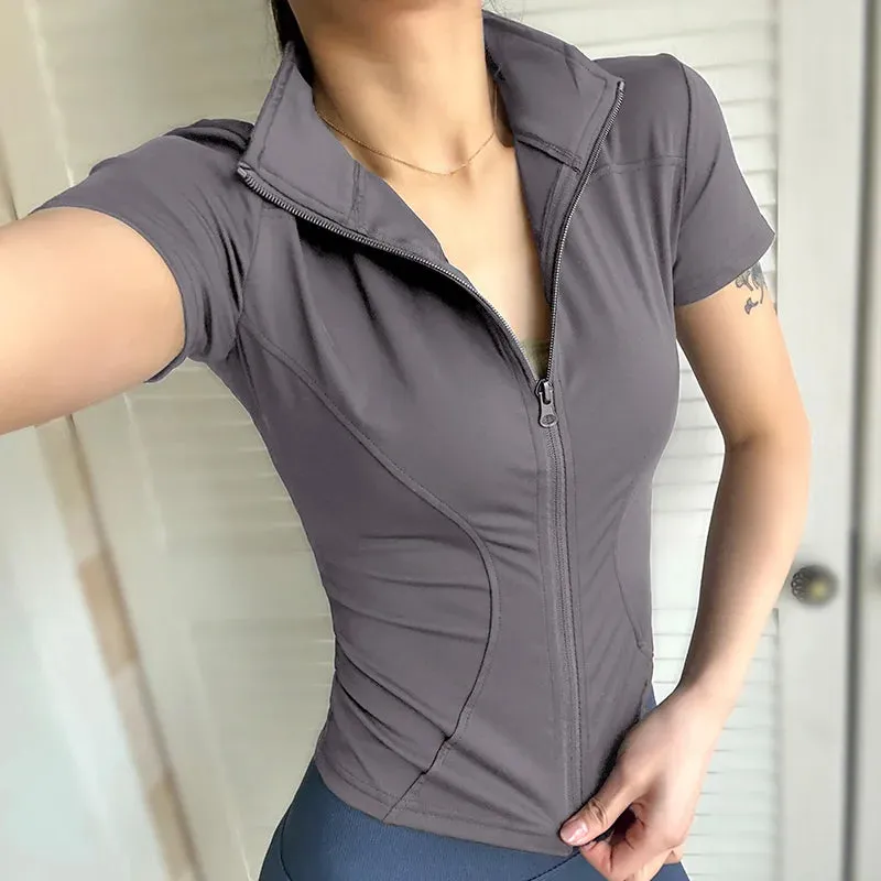 Summer High Quality Waist Slimming Training Tops Women's Quick-drying Tight Stand Collar Yoga Shirts