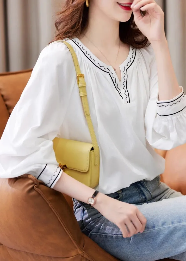 Unique White V Neck Embroidered Patchwork Shirts Fall WW057