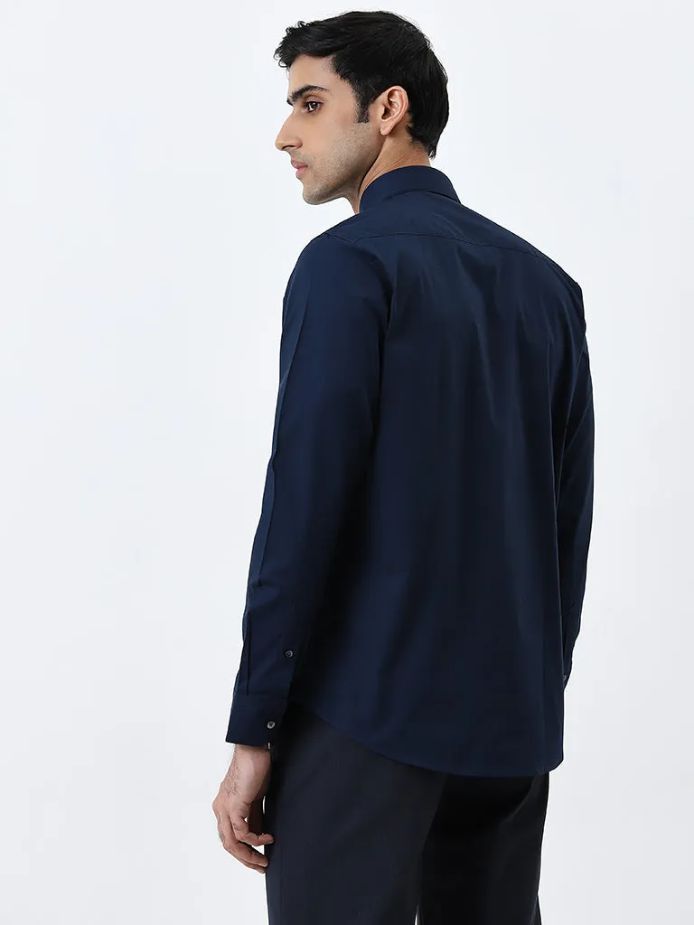 WES Formals Navy Solid Ultra Slim-Fit Cotton-Blend Shirt