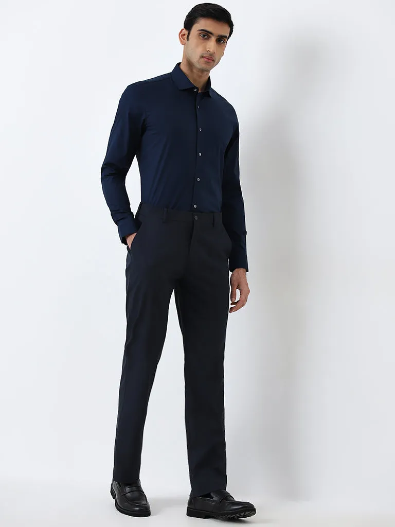 WES Formals Navy Solid Ultra Slim-Fit Cotton-Blend Shirt