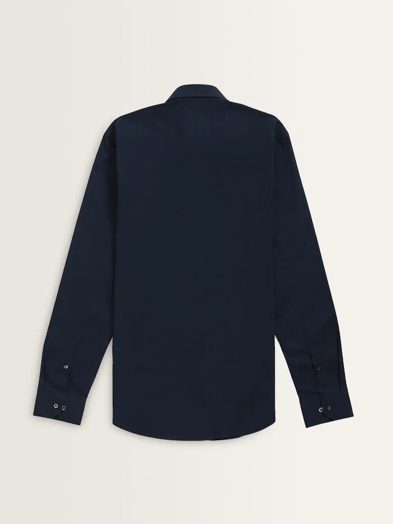 WES Formals Navy Solid Ultra Slim-Fit Cotton-Blend Shirt