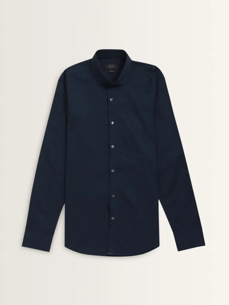 WES Formals Navy Solid Ultra Slim-Fit Cotton-Blend Shirt