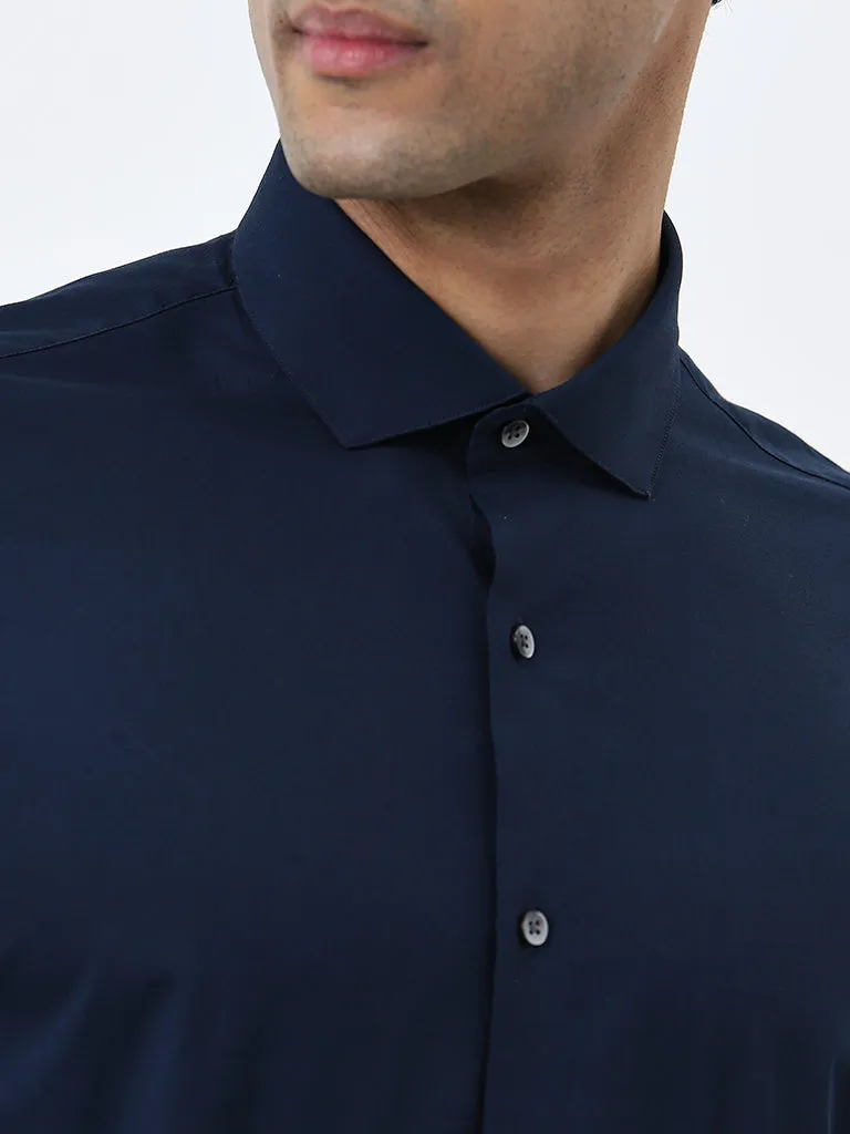 WES Formals Navy Solid Ultra Slim-Fit Cotton-Blend Shirt