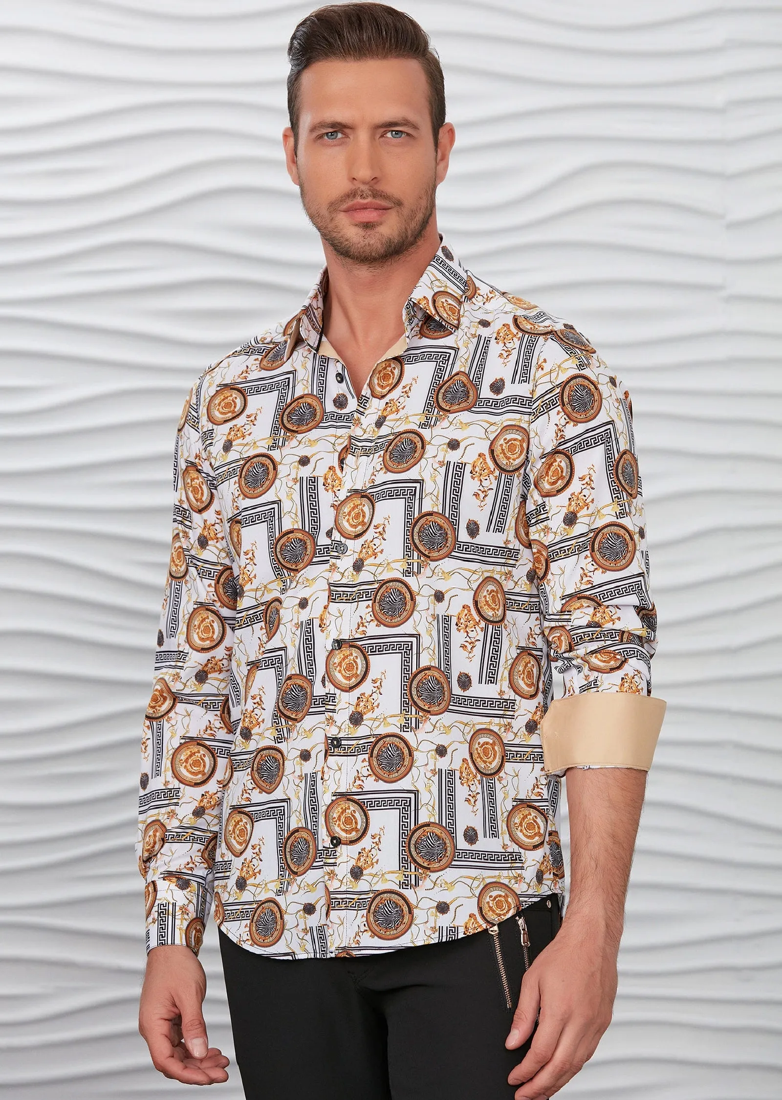 White Crest & Meander Silky Shirt
