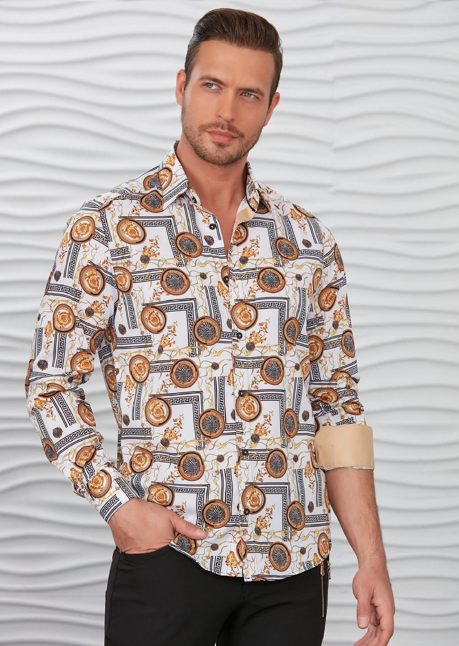 White Crest & Meander Silky Shirt