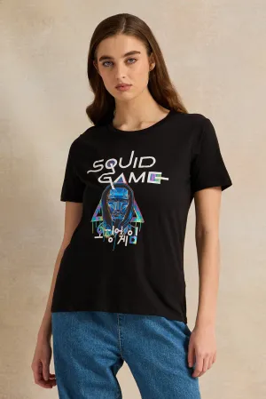 Women Black Squid Game Printed T-Shirt