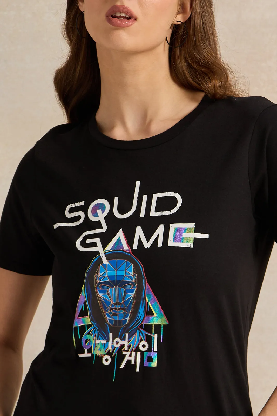 Women Black Squid Game Printed T-Shirt