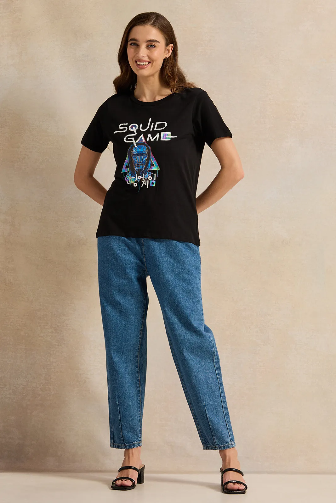 Women Black Squid Game Printed T-Shirt