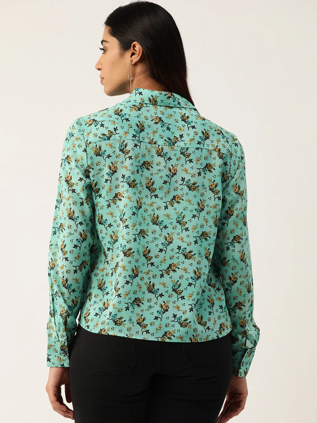 Women Floral Sky Blue Opaque Printed Casual Shirt