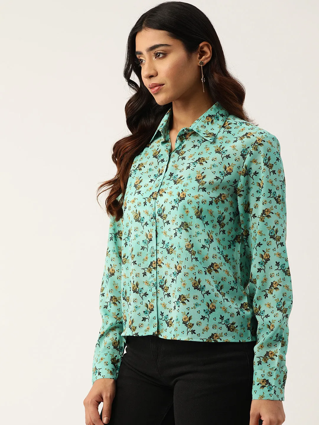 Women Floral Sky Blue Opaque Printed Casual Shirt