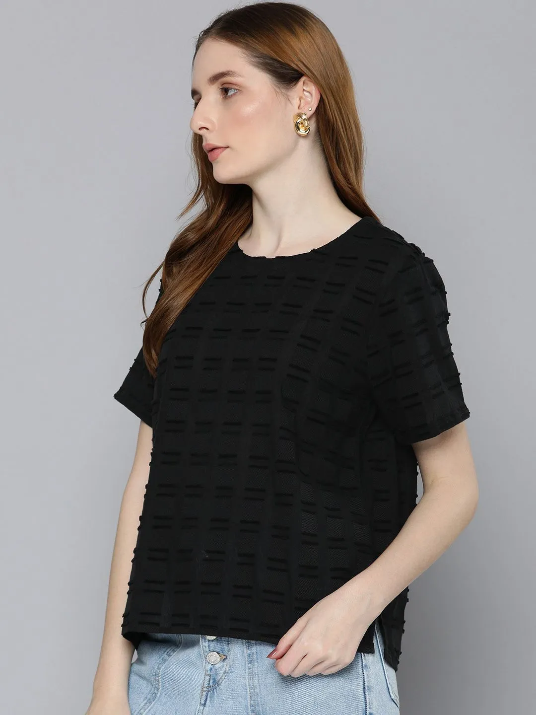 Women's Checked Round Neck T-shirt